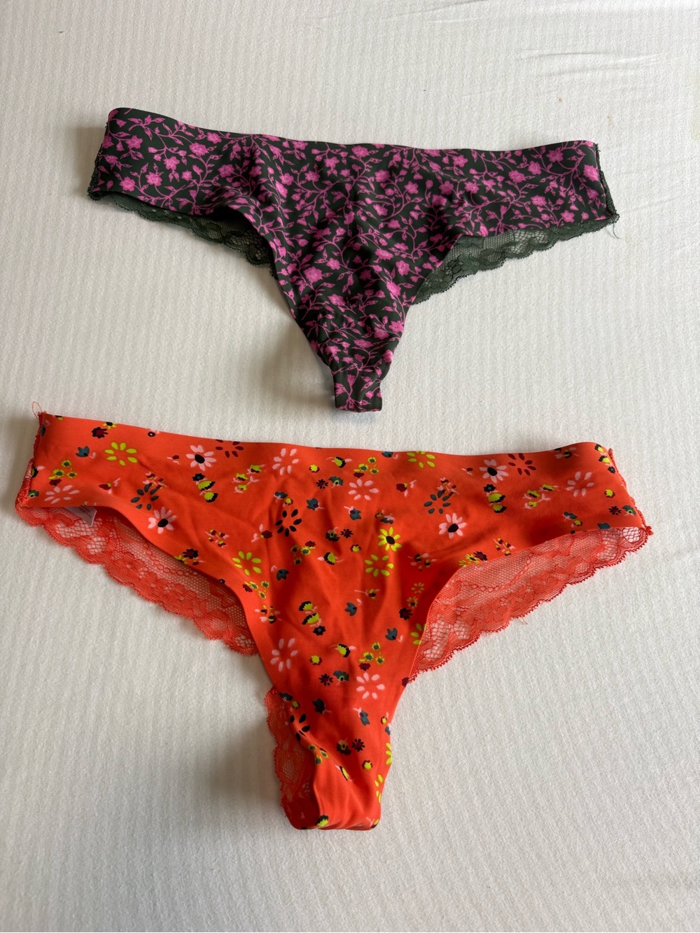 Women's Floral Lace Trim Thong Panties - Pink & Orange